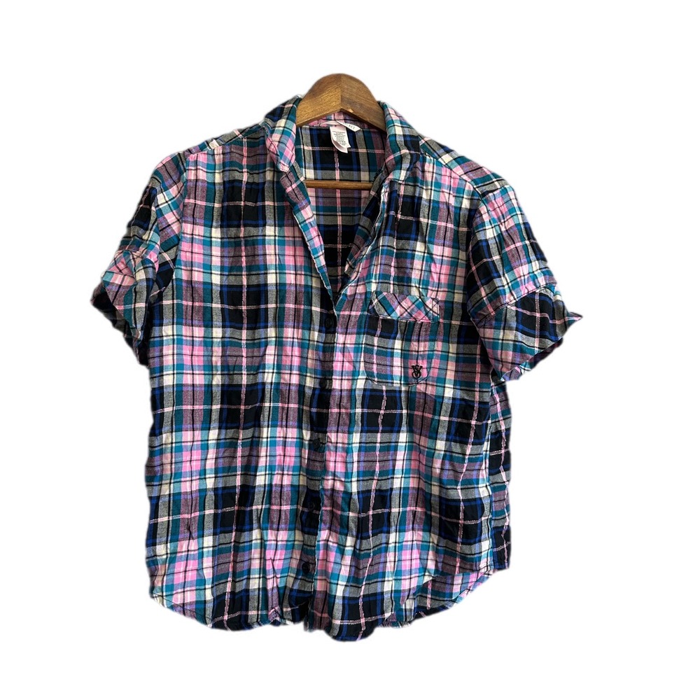 Victoria's Secret Plaid Sleep Shirt Pajama Top Button Up Short Sleeve XS
